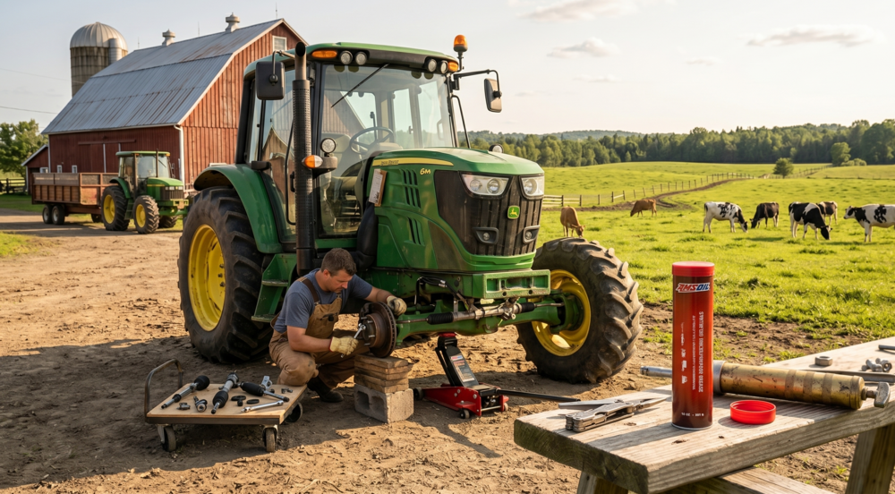 Agriculteur effectuant l'inspection et le graissage des roulements de roue d'un tracteur John Deere à la ferme, avec cartouche de graisse AMSOIL et pistolet à graisse en avant-plan