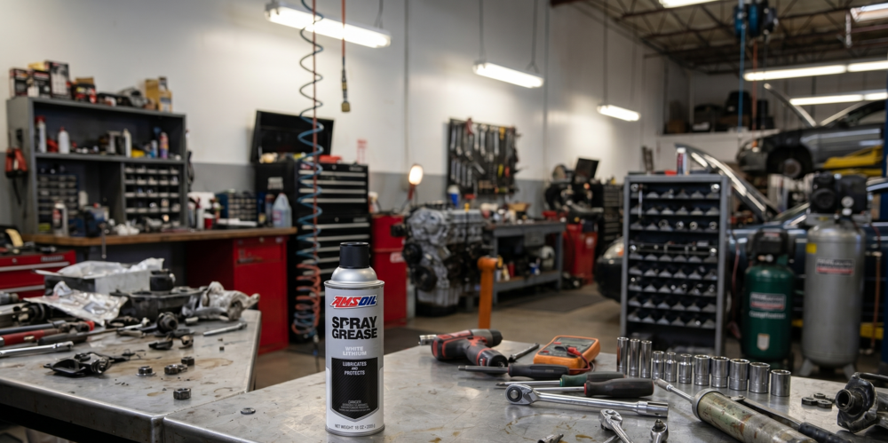 AMSOIL Spray Grease GSP applied on a garage door hinge