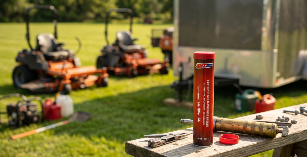 AMSOIL Synthetic Multi-Purpose Grease GLC cartridge on a workbench with two commercial zero-turn mowers and a grease gun in the background